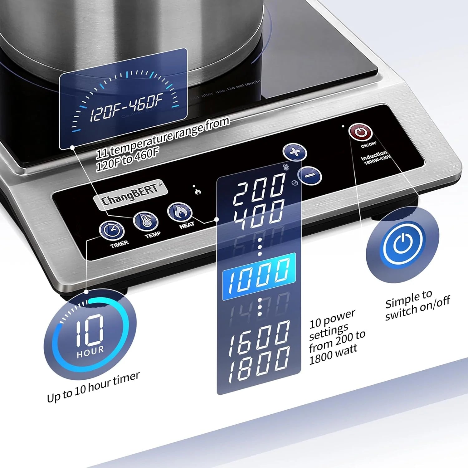 Induction Cooktop Portable Cooker with Large 8-inch Heating Coil Stainless Steel Countertop Burner