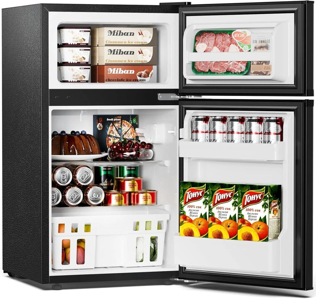Antarctic Star Compact Mini Refrigerator Separate Freezer, Small Fridge Double 2-Door Adjustable Removable Retro Stainless Steel Shelves Living room/Kitchen/Dorm/Office 3.2 cu ft.Green