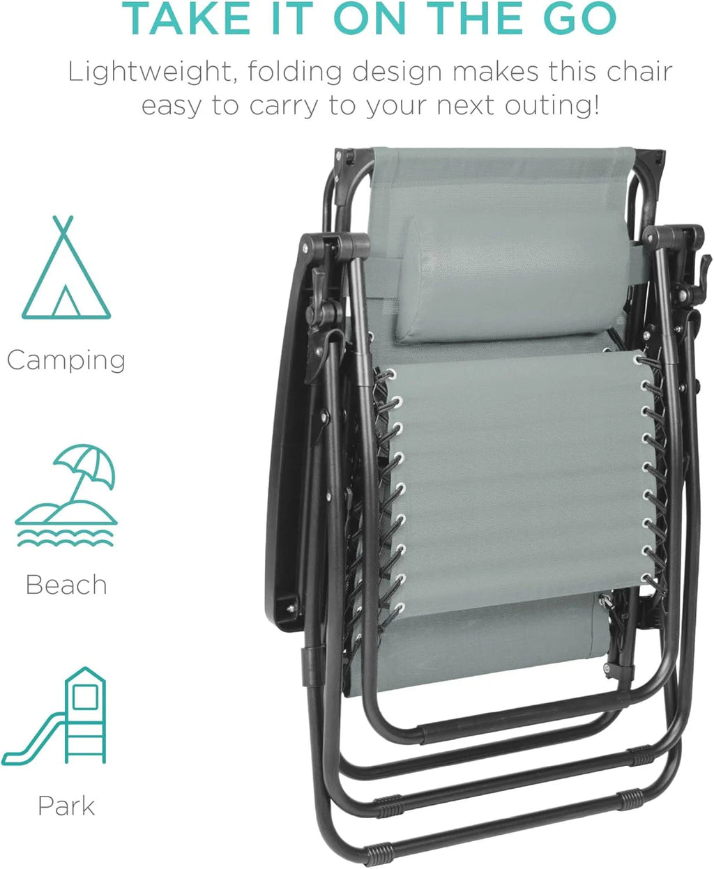 Best Choice Products Folding Zero Gravity Outdoor Recliner Patio Lounge Chair w/Adjustable Canopy Shade, Headrest, Side Accessory Tray, Textilene Mesh - Peacock Blue