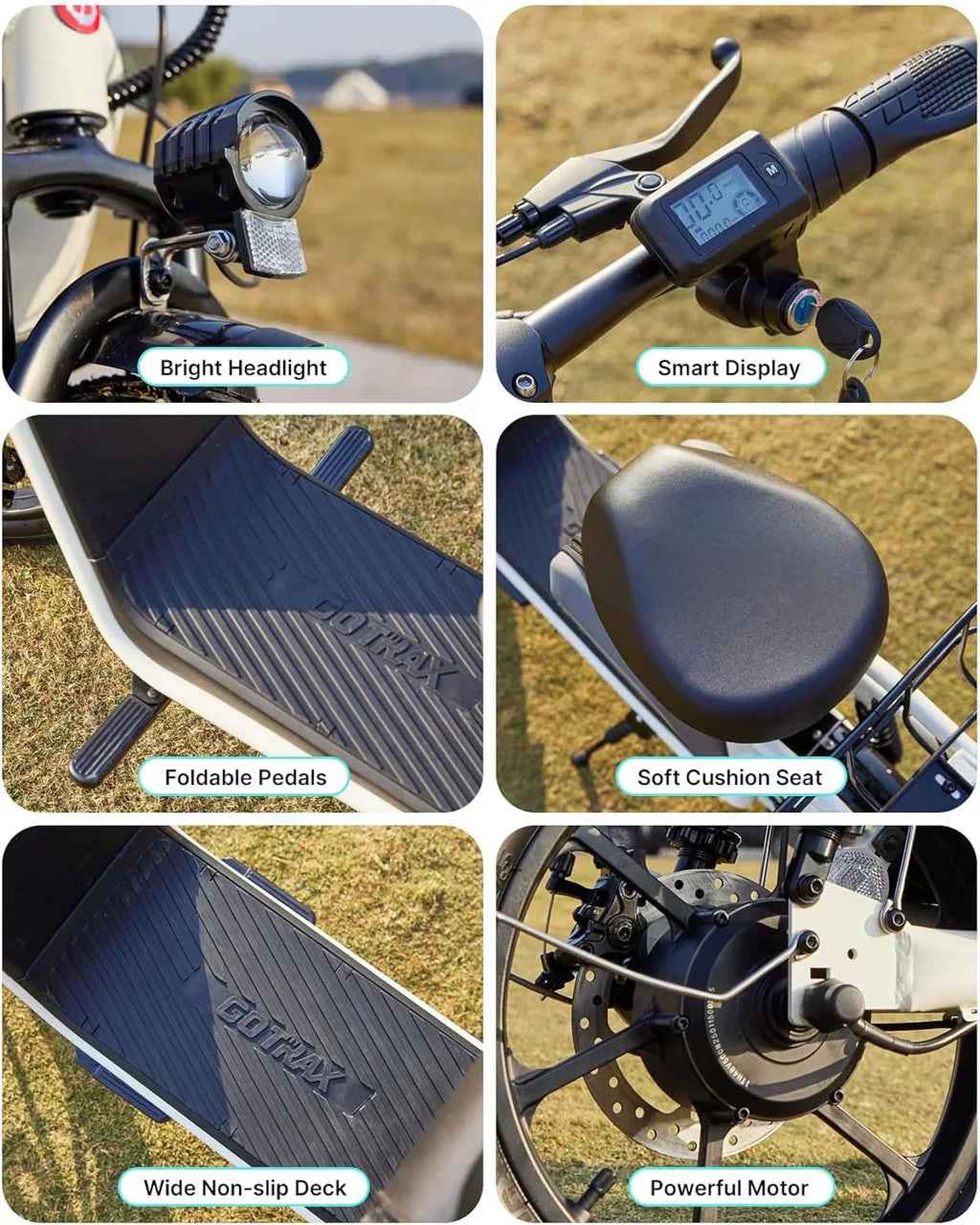 Gotrax adult electric scooter with seat maximum range of 19-25 miles all-terrain tires wide pedals