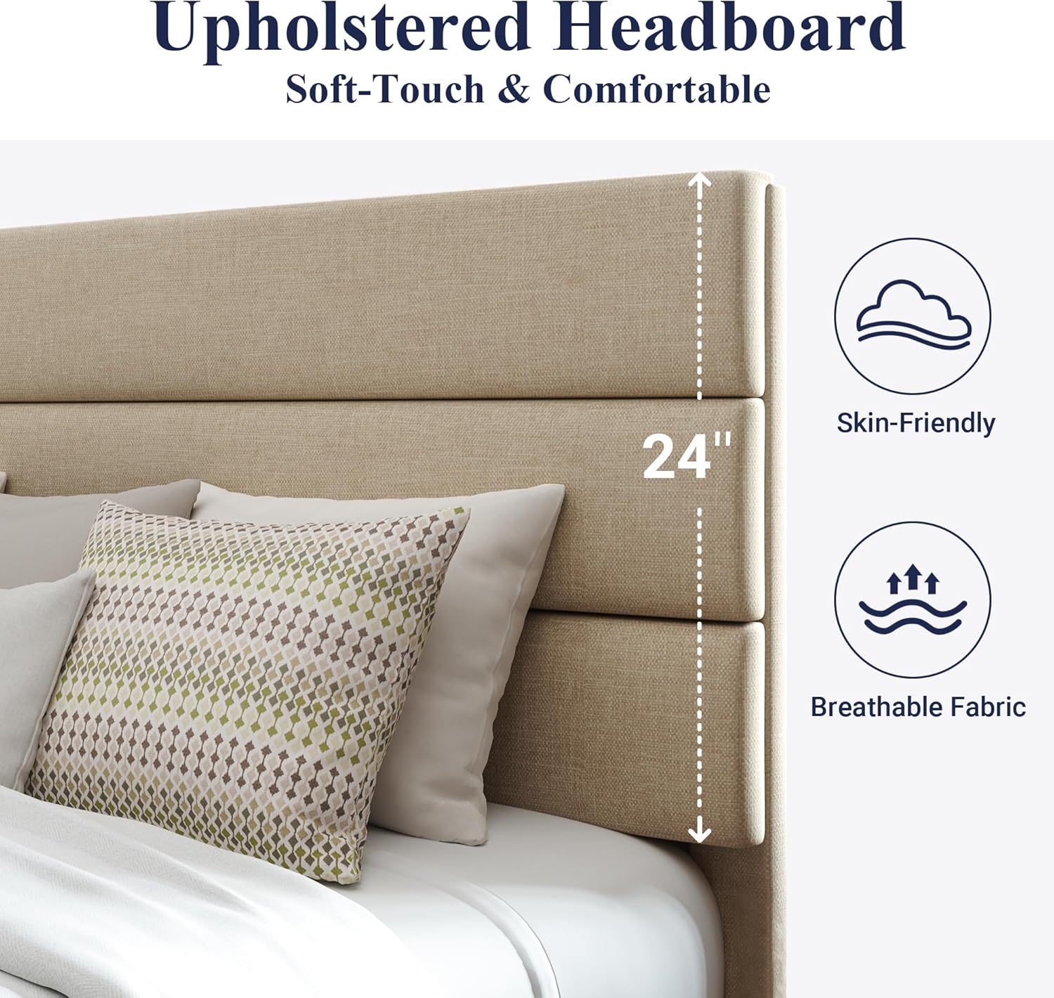 Allewie Queen Size Platform Bed Frame with Fabric Upholstered Headboard Wooden Slats Support