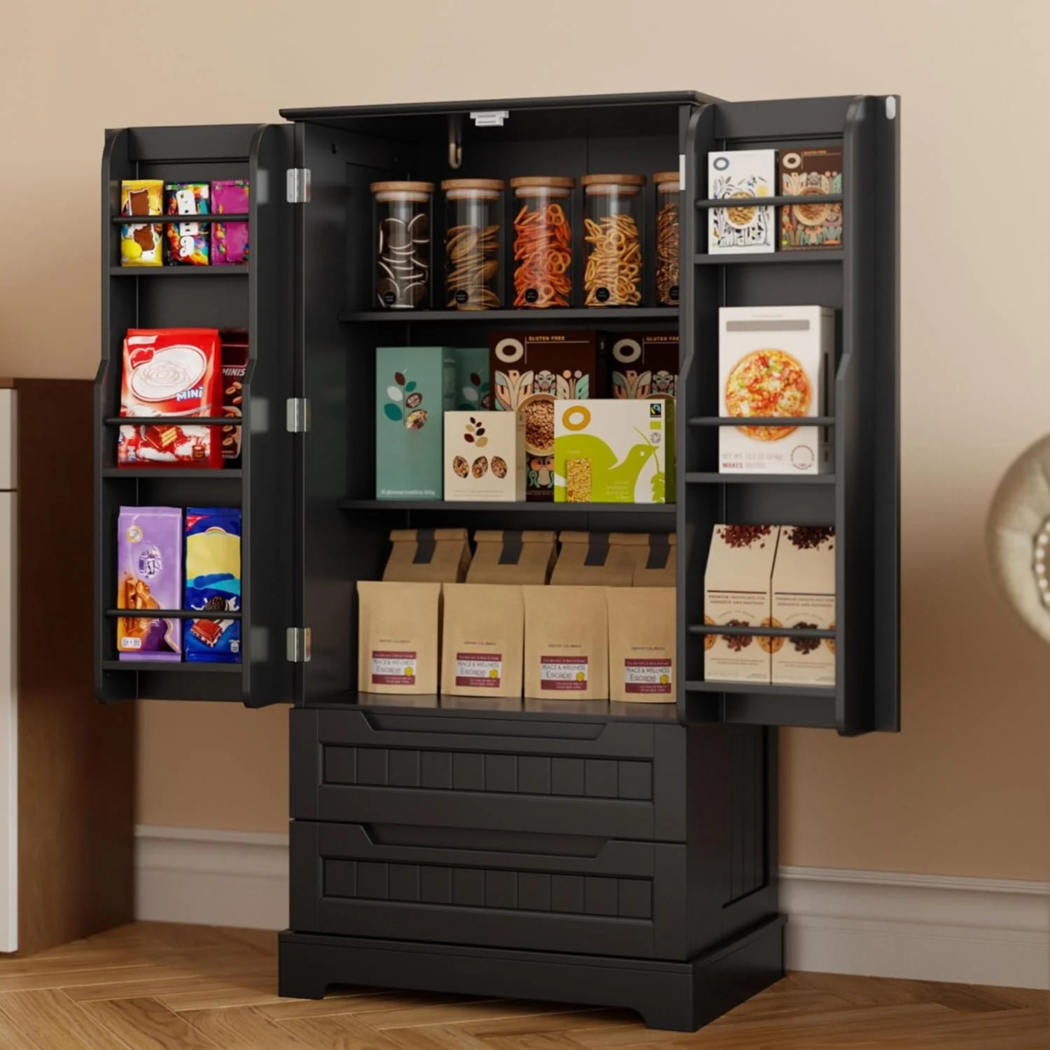 Gizoon Kitchen Pantry Cabinet with Drawers Freestanding Bathroom Storage Cabinet with Doors and Shelves, 47 Inch Small Pantry Cabinet