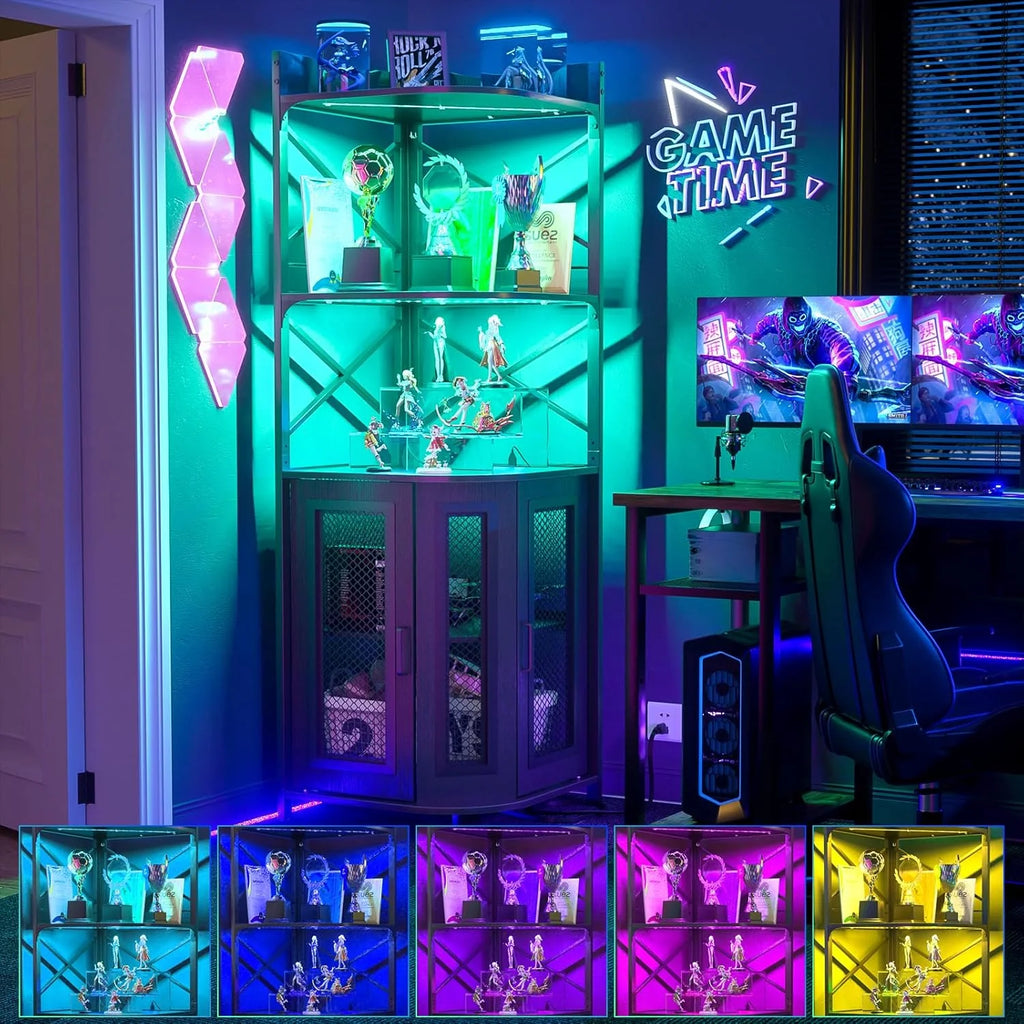 Corner bar cabinet with power socket, industrial style wine cabinet with LED light strip and glass rack, home five-layer wine cabinet bar unit, small space corner display cabinet