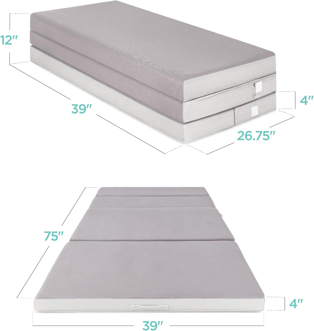4in Portable Queen-Size Mattress, Tri-Fold Mattress for Camping, Guest, Toddler