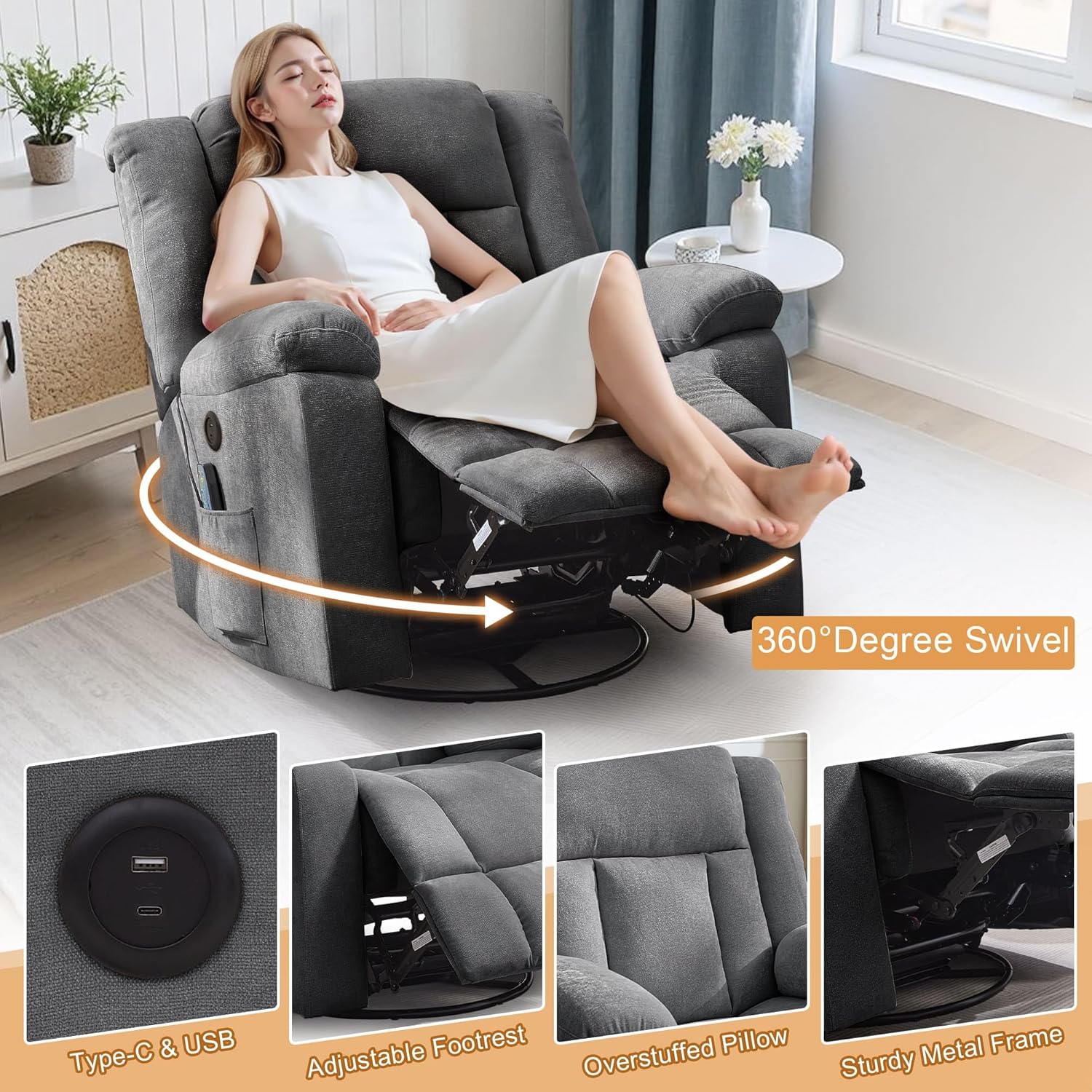 Adult rocking chair, gliding recliner, 360° rotating rocking chair with massage and heating function