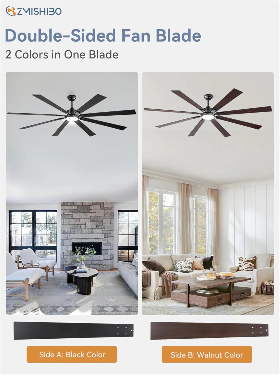 ZMISHIBO 72 inch Large Ceiling Fans with Lights and Remote, Indoor/Outdoor Black Modern Ceiling Fan for Kitchen Living Room Patio, 6 Speed Reversible Quiet DC Motor, 3 CCT, Dual Finish 8 Blades