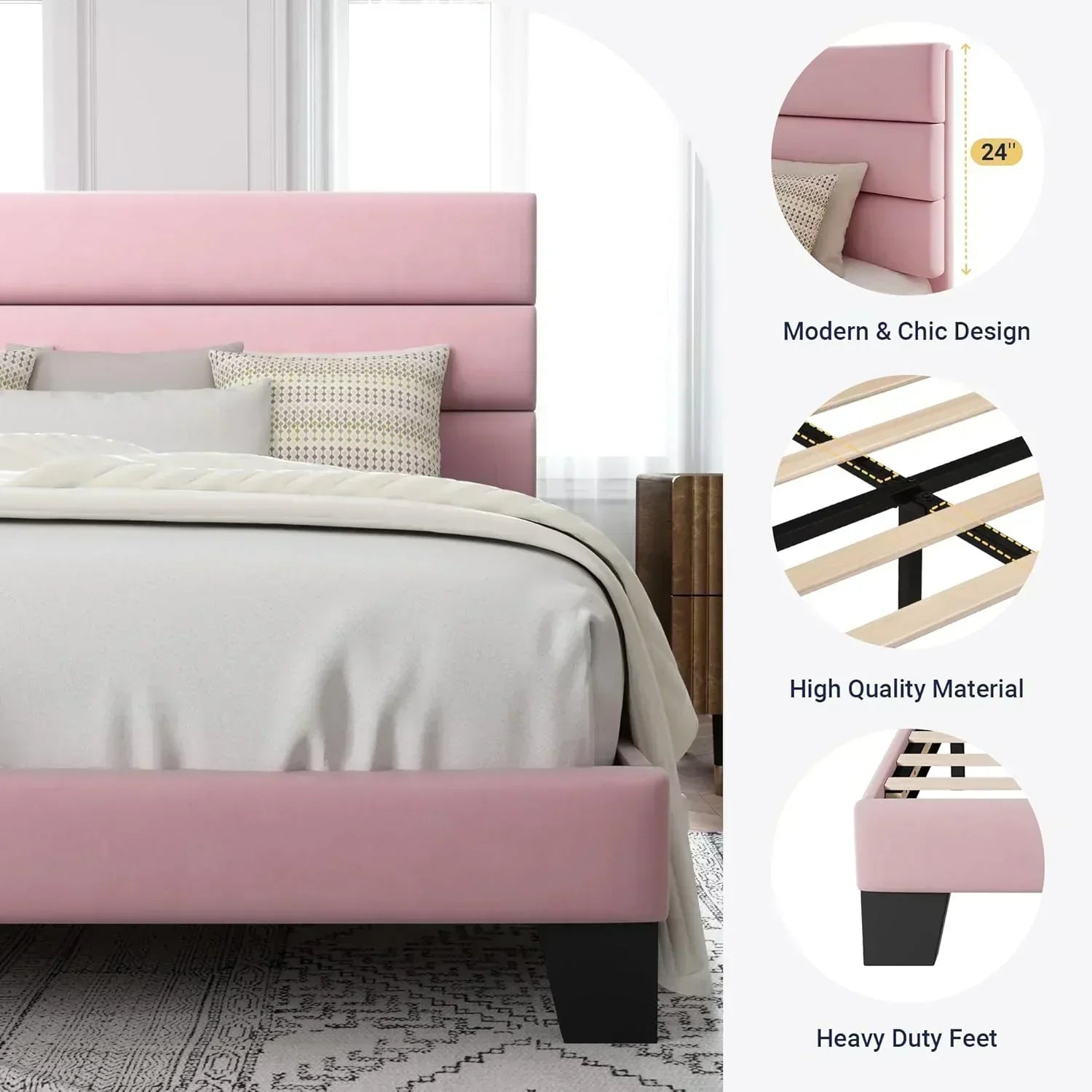 Allewie Queen Size Platform Bed Frame with Fabric Upholstered Headboard Wooden Slats Support