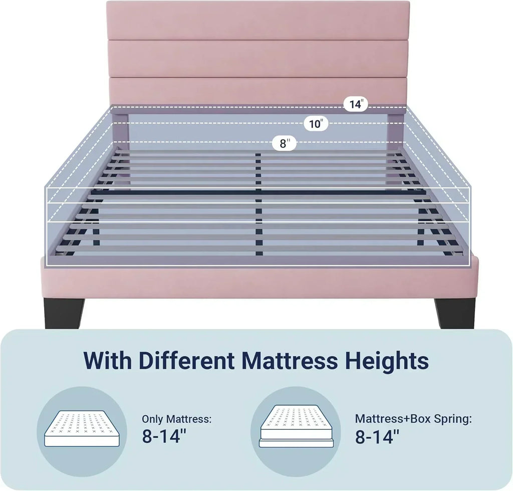 Allewie Queen Size Platform Bed Frame with Fabric Upholstered Headboard Wooden Slats Support