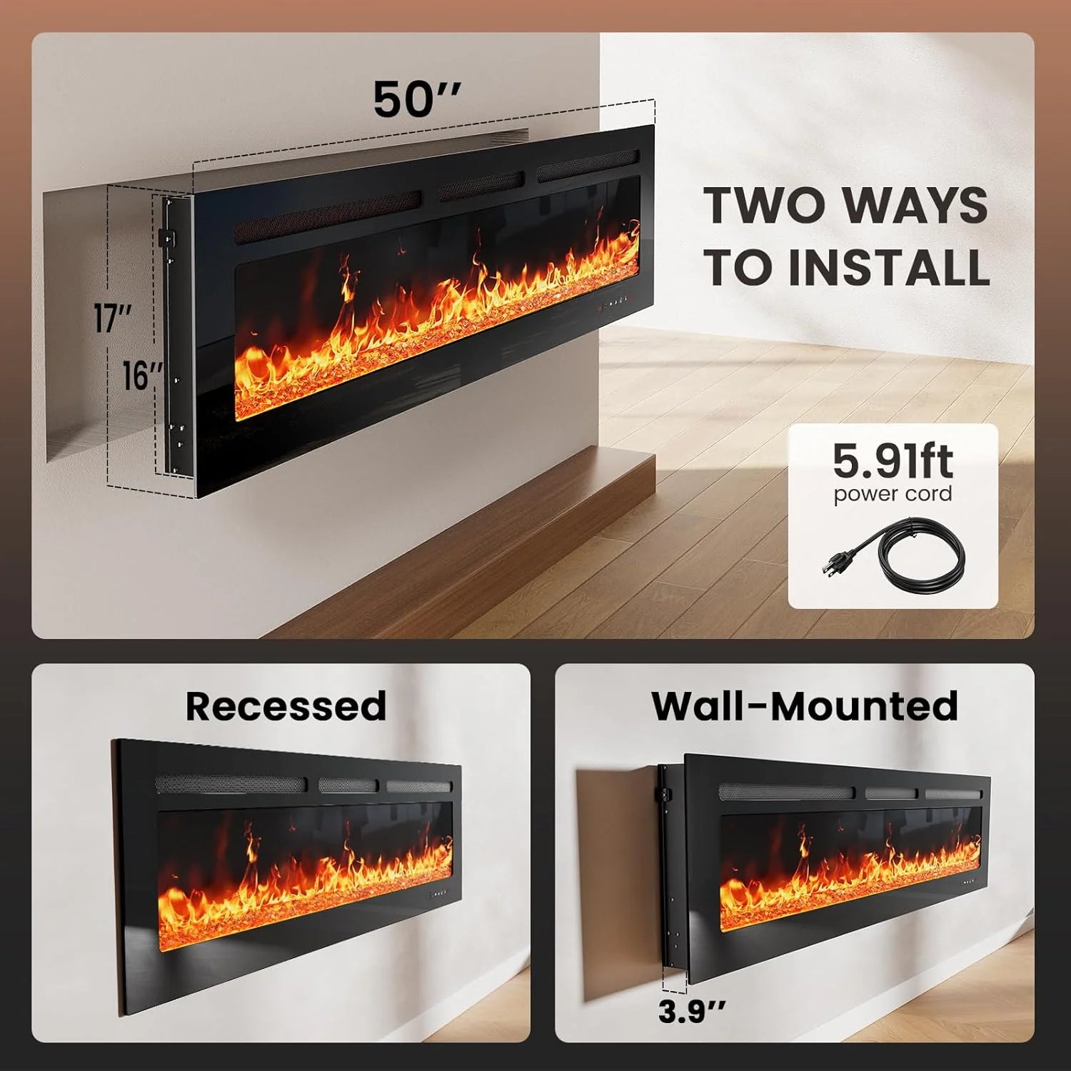 50 Smart Electric Fireplace 5300 BTU Heat Output, Ultra-Slim Wall-Mount or Built-In Electric Fireplace