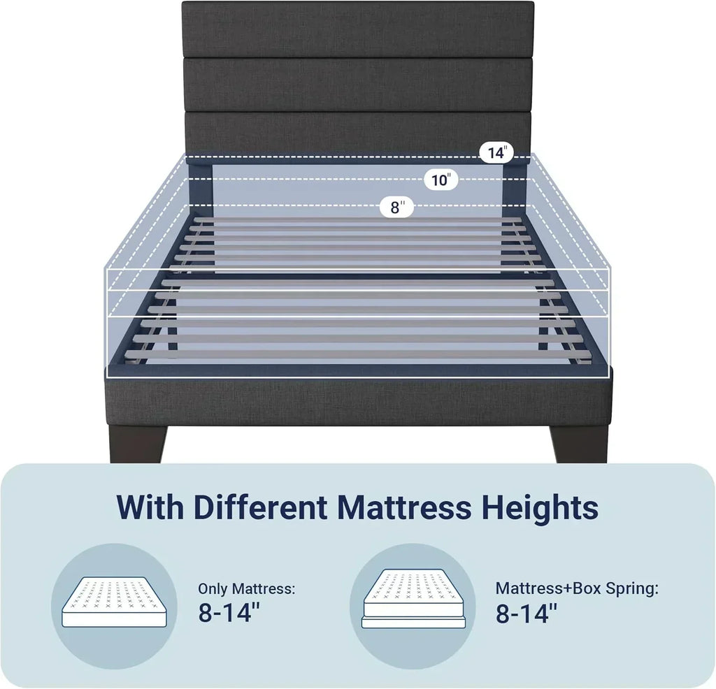 Allewie Queen Size Platform Bed Frame with Fabric Upholstered Headboard Wooden Slats Support