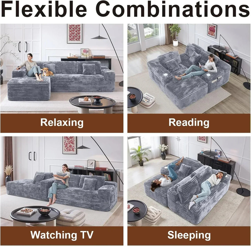 Cloud section sofa with L-shaped recliner modern modular sofa built-in cup holder