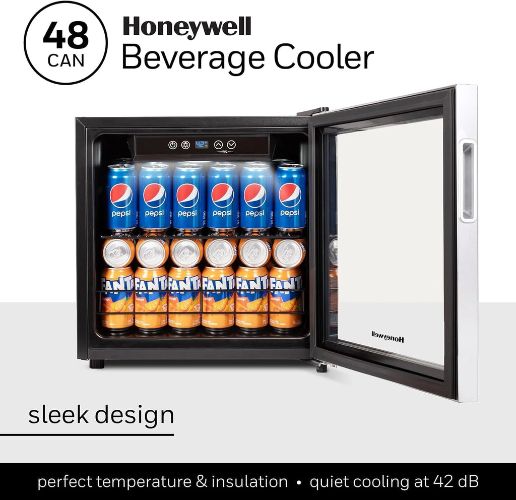 Honeywell Beverage Refrigerator and Cooler, 115 Can Mini Fridge with Glass Door for Soda Beer or Wine for Office or Bar with Adjustable Removable Shelving